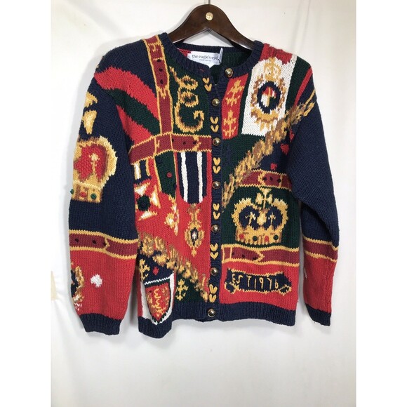 The Eagles Eye Medium Women's Crown Royalty Hand Knit Cardigan Sweater Sz Small - Picture 1 of 7